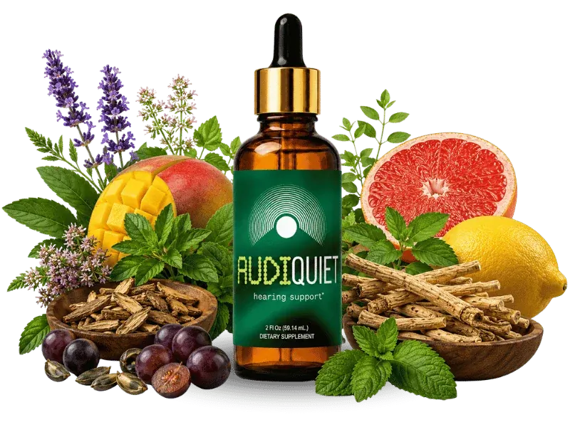 AudiQuiet hearing support drops with the herbs and fruits behind the formula