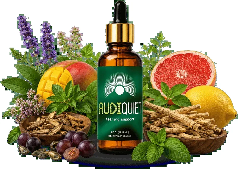 AudiQuiet hearing support drops bottle surrounded by its herbal ingredients: grapes, grapefruit, licorice root, mint and lavender