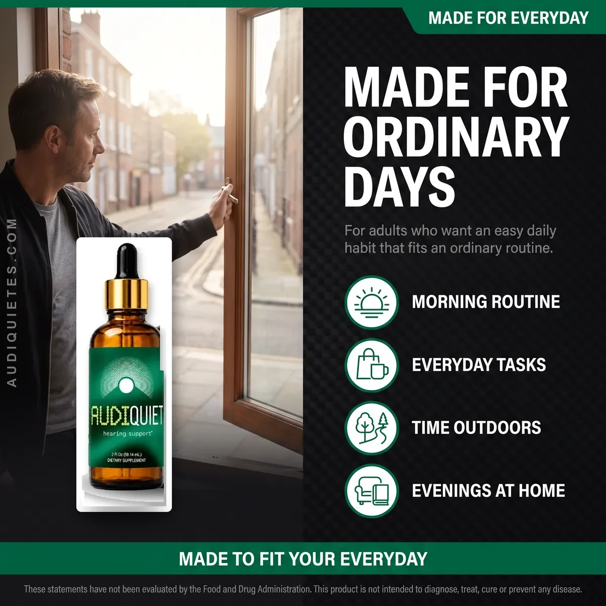 Who AudiQuiet is for: adults who want an easy daily hearing-support habit for mornings, noisy days and quiet evenings